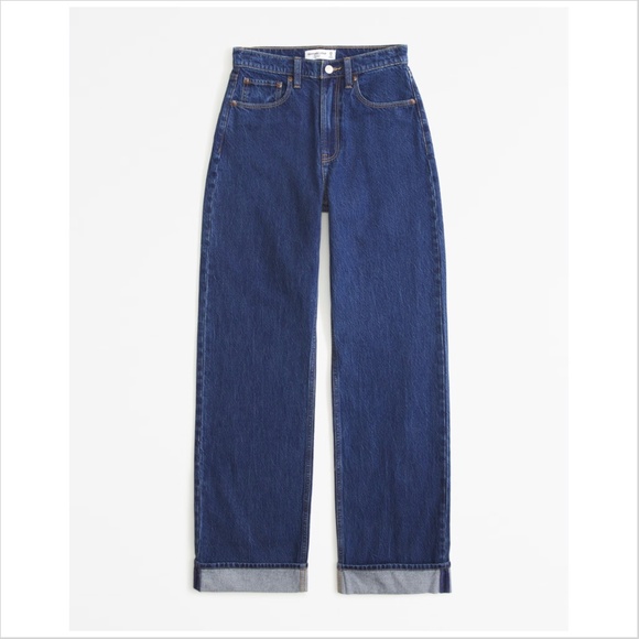 NWT 24P Abercrombie High Rise Loose Jeans in Dark with Cuff Hem - Picture 8 of 8